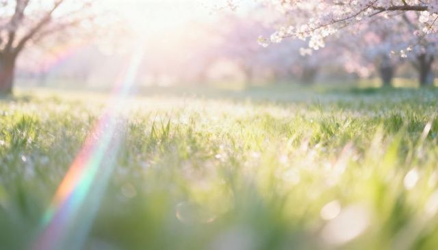 Sunlit spring orchard grass with morning dew and pastel rainbow lens flare