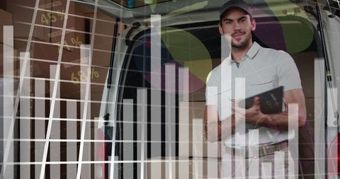 Delivery man with financial graph overlay concept