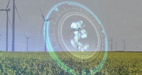 Futuristic interface overlay with wind farm and crop field