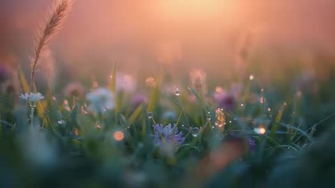 Macro meadow at golden hour showing dewy grasses and purple wildflowers sparkling