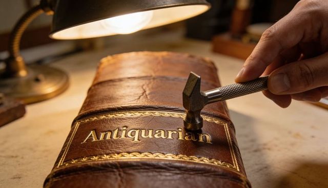 Artisan stamping gilt letters on antiquarian leather book under lamp for bookbinding