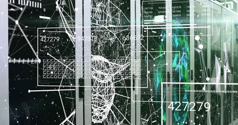 Neural network visualization projecting over server racks with teal data streams