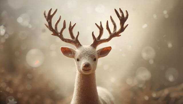 Majestic buck standing facing camera, displaying multi-point antlers in soft backlit woodland