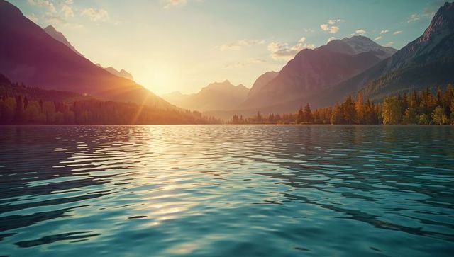 Serene Mountain Lake Reflecting Golden Sunset Awe in Tranquil Forested Valley