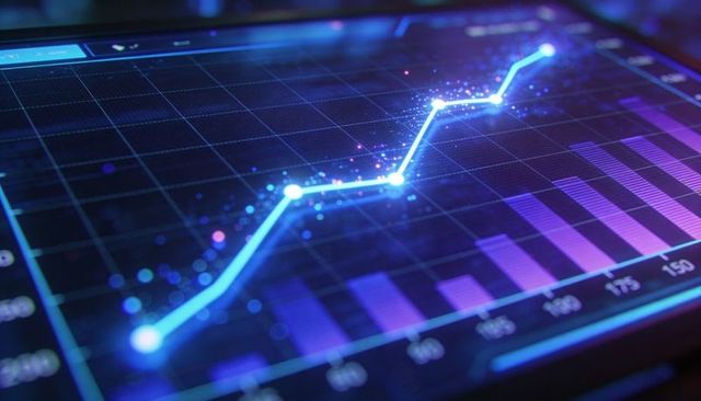 Neon data analytics dashboard showing rising line graph and purple bar chart display