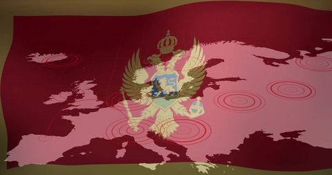 Montenegro coat of arms over europe map with target markers, grid and heraldic emblem