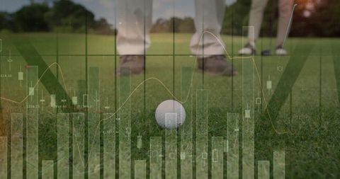 Financial charts blending with golfing on putting green