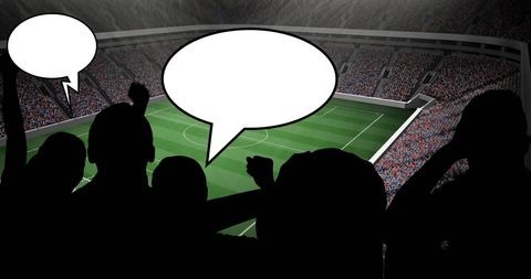 Excited fans cheering in stadium with speech bubbles for text