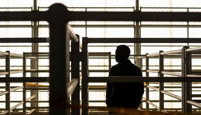 Silhouetted man standing inside industrial livestock pens backlit by grid windows