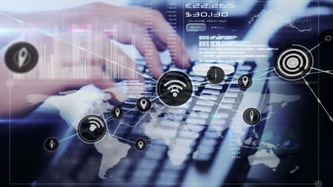 Hands on Keyboard with Infographic Elements in Tech Environment