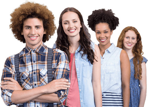 Transparent portrait of confident fashion designers smiling together