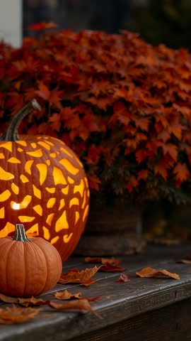 Camera pushing forward toward glowing carved jack-o-lantern and pumpkin on rustic bench