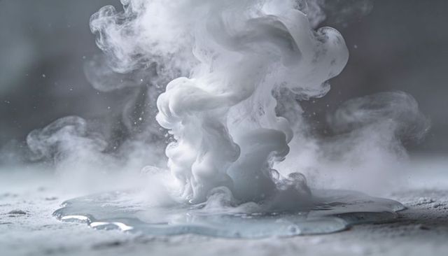 Rising White Vapor Plume Curling Above Reflective Liquid Puddle with Powder Residue