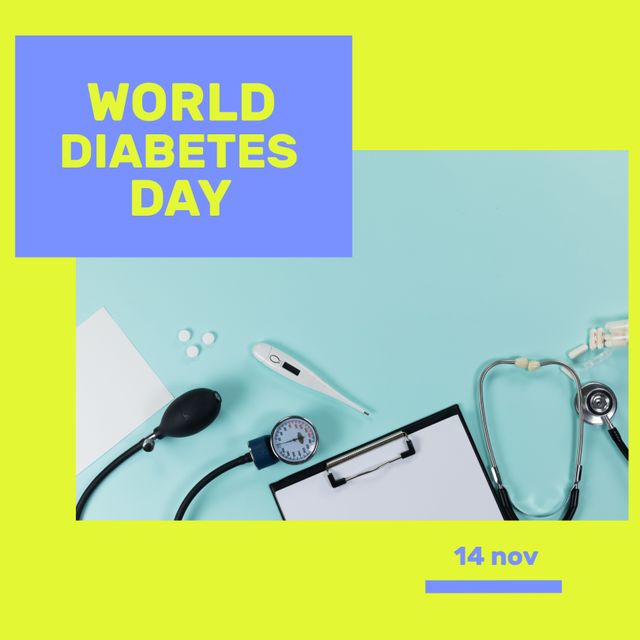 Image featuring various medical equipment such as a blood pressure monitor, stethoscope, thermometer, clipboard, and pills on a blue background. Ideal for use in campaigns promoting World Diabetes Day, healthcare publications, awareness events, and health-related educational materials.