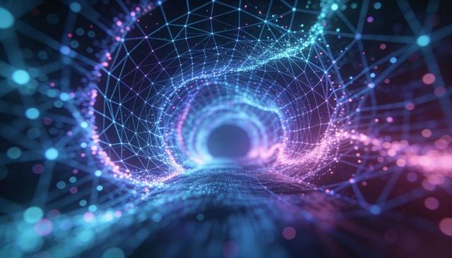 Flowing neon data tunnel with wireframe mesh, glowing network nodes and depth perspective