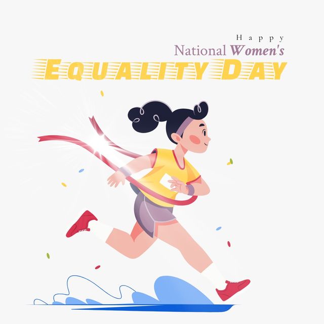 Illustration of woman running in competition and happy national women's equality day, copy space. White background, vector, winner, sport, equality, freedom, vote, human rights and celebration.