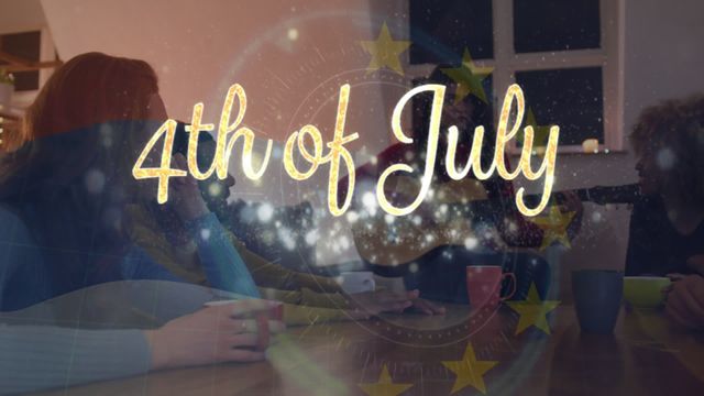 4th of July text with light spots overlaying a group of diverse friends celebrating. Ideal for illustrating 4th of July festivities, Independence Day gatherings, and holiday celebratory content.