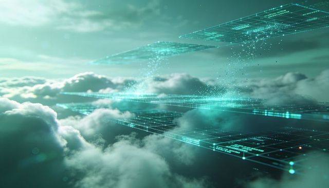 Floating translucent grid planes over cloud tops emitting glowing teal data streams