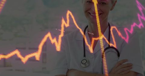 Clinician standing wearing white coat and stethoscope with neon health data graph overlay