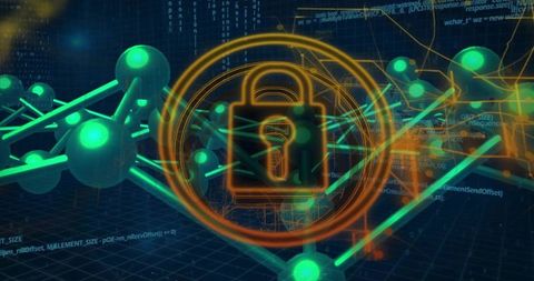 Orange padlock hovering over neon network nodes with floating code securing digital networks