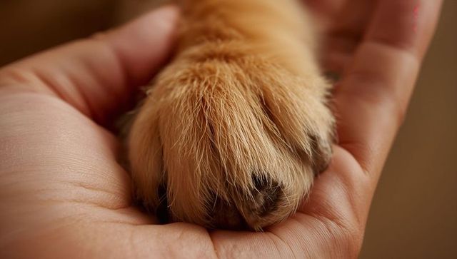 Holding golden dog paw in human palm macro showing trust and tenderness