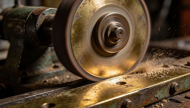 Grinding wheel cutting brass metal bar, sparks flying in industrial workshop close-up