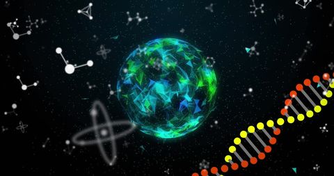 Digital globe with dna helix representing global data processing