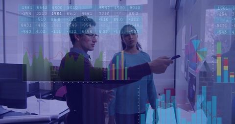 Multitasking professionals analyzing financial statistics