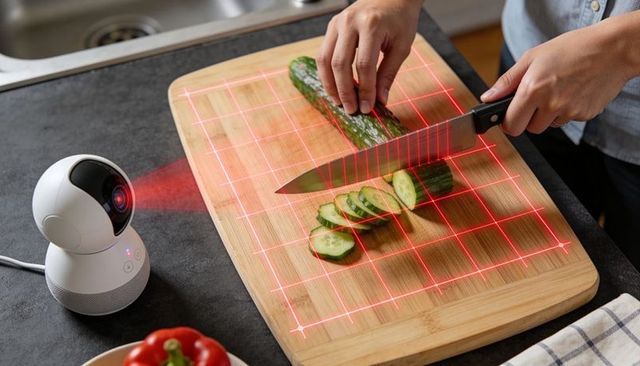 Smart camera projecting laser grid aiding precise cucumber slicing on bamboo cutting board