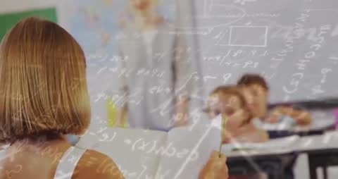 Student Studying in Classroom with Educational Data Visuals