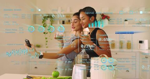 Young women taking kitchen selfie with smart hud overlays, healthy lifestyle fintech concept