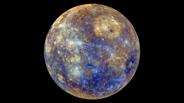 Color-enhanced image of Mercury taken by MESSENGER space mission showcasing surface chemical and mineralogical differences. Use in educational materials, astronomy presentations, scientific research, planetary geology.