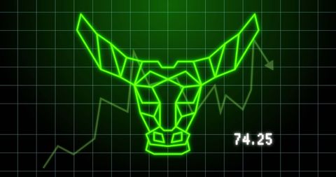 Geometric Bull with Green Financial Graph on Digital Screen