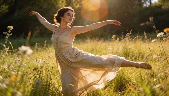 Dancing woman wearing flowing dress in golden wildflower meadow, barefoot elegance