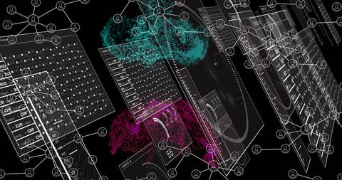 Floating Data Interface Frames Connecting Global Currency Nodes with Teal Magenta Clouds