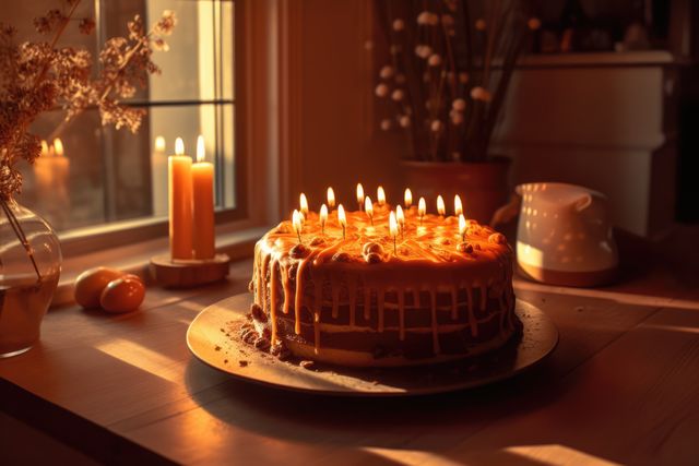 Rustic Birthday Cake with Candles Lighting Up Cozy Room - Download Free Stock Images Pikwizard.com