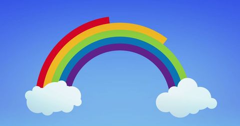 Colorful Rainbow with Clouds on Bright Blue Background