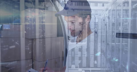 Technician Working with Data in Modern Data Center Environment