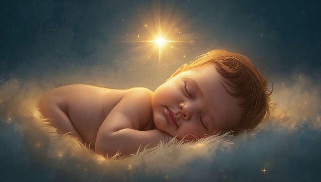 Heavenly Slumber: Adorable Baby Amidst Celestial Dreamscape