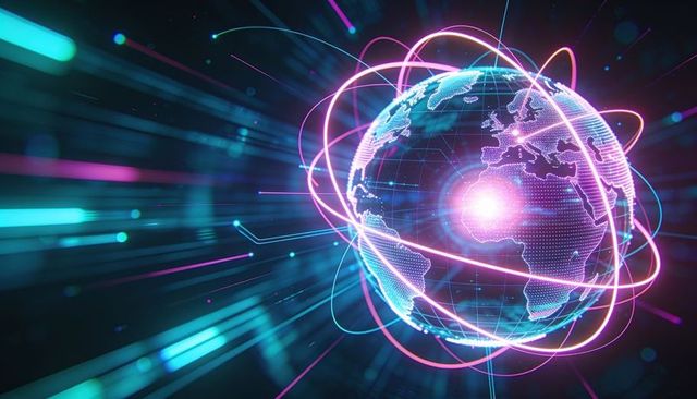 Neon digital globe rotating with data streams and network rings for tech and cybersecurity