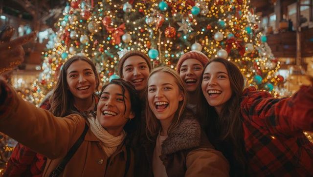 Friends Celebrating Christmas Together Near Festive Tree