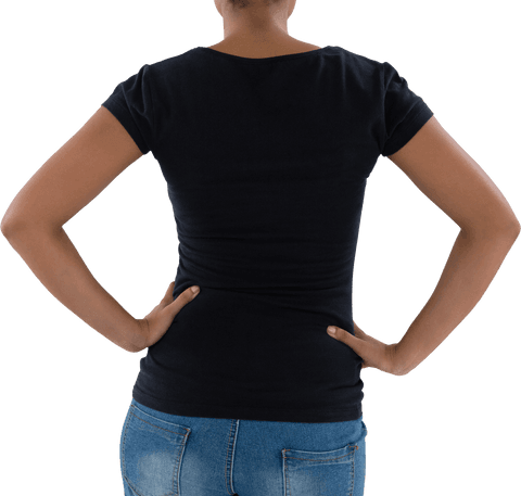 Transparent Young Woman in Black T-Shirt with Hands on Hips