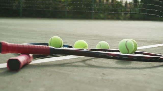 Two tennis rackets and multiple balls lying on a tennis court, bathed in natural light. The net in the background hints at an ongoing game or training session. Use for promoting tennis-related services, sports equipment advertising, or emphasizing active lifestyle themes.