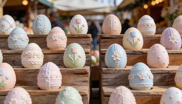 Handmade pastel easter eggs market display on rustic wooden crates, spring craft stall