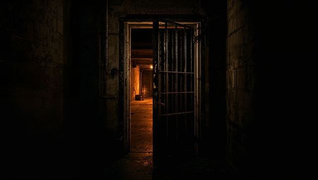 Dimly Lit Abandoned Underground Corridor with Open Cell Door