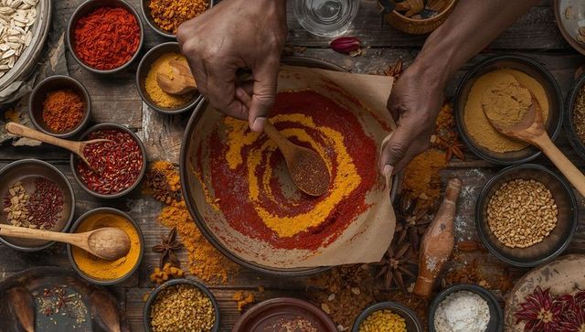 Hands stirring vibrant spice blend on rustic wooden table with bowls and spoons