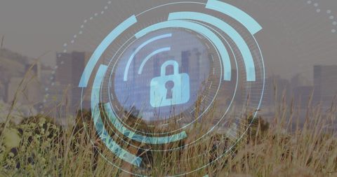 Digital locks over cityscape representing cybersecurity