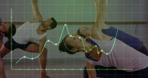 Group fitness class performing side stretches with transparent performance graph overlay