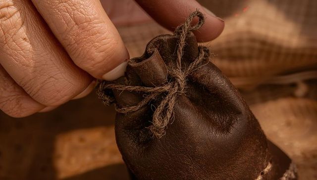 Hand pinching small leather drawstring pouch with frayed twine textures on workbench