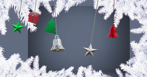 Festive Holiday Decorations with Hanging Ornaments and Snowy Pine Branches